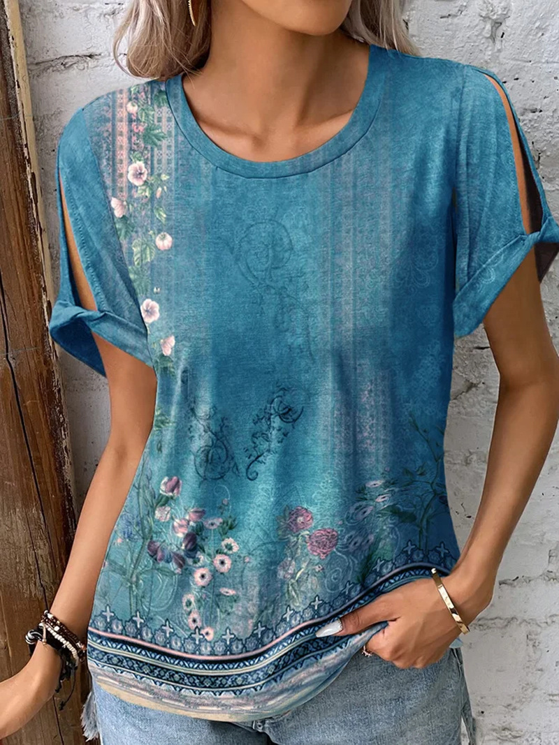 Women's Ethnic Floral Print Short Sleeve T-Shirt Casual Comfortable