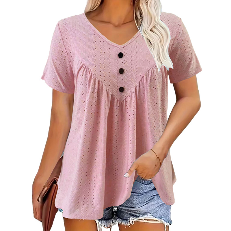 Button-Design Short Fringe T-Shirt Casual Loose Fit