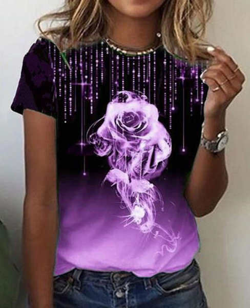 Women's Rose Print Short Sleeve Crew Neck T-Shirt