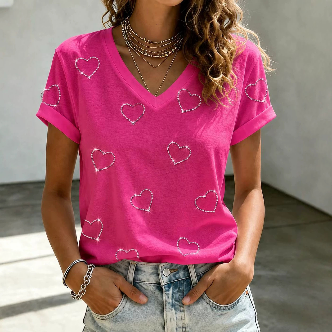 Heart Print Loose Fit Short Sleeve V-Neck Top