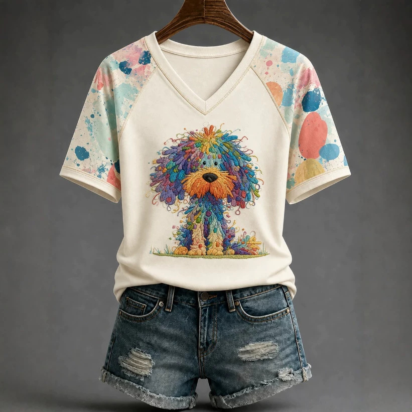 Women's Short Sleeve V-Neck T-Shirt with 3D Dog Print