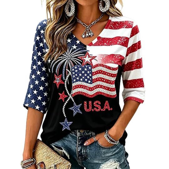 American Flag Star Print V-Neck Long Sleeve T-Shirt for Women