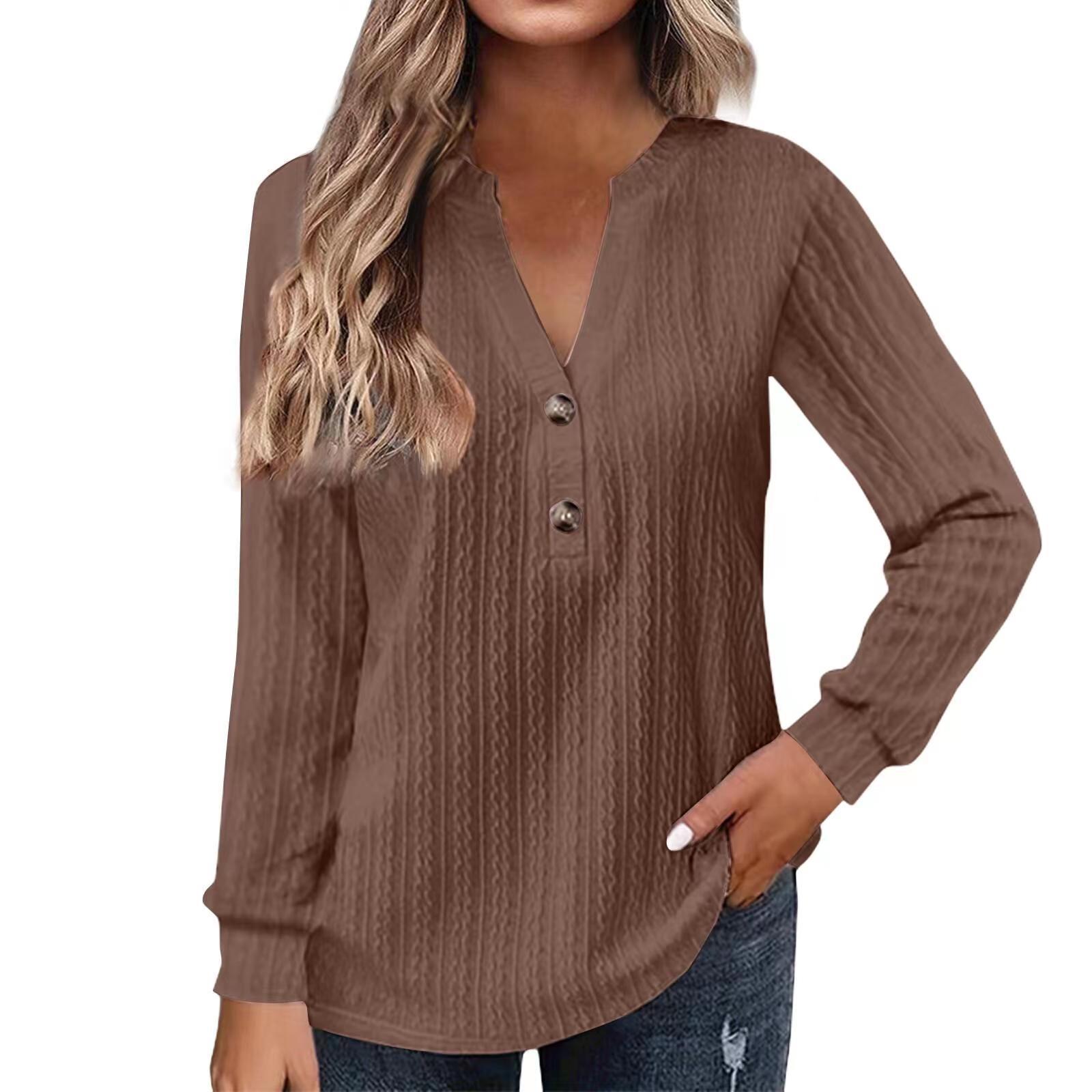 Women's Long Sleeve V-Neck Button T-Shirt Solid Color Top