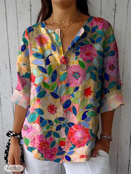 Button V-Neck Casual Top T-Shirt