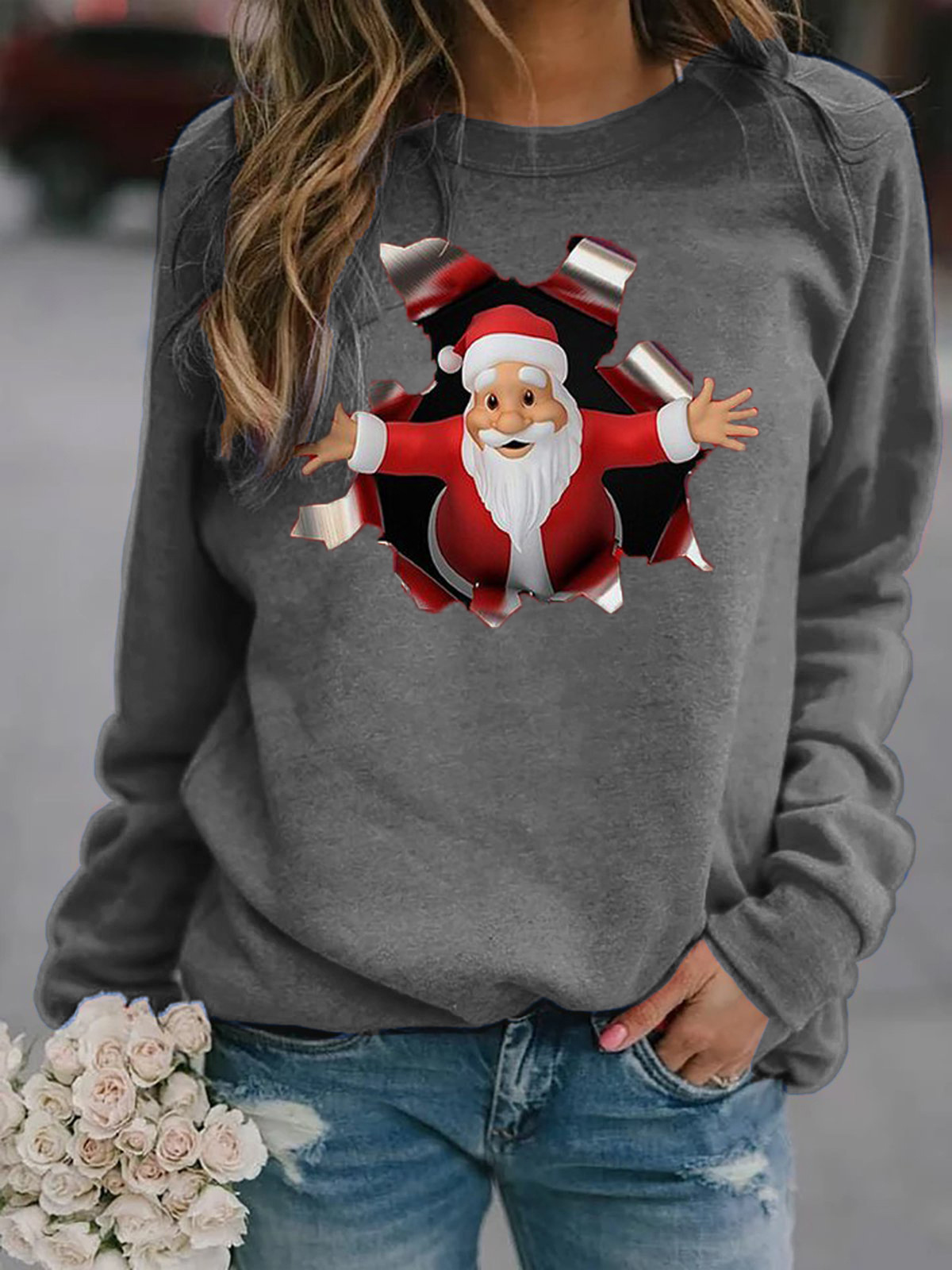 Santa Print Long-Sleeve Crewneck Brushed T-Shirt for Women