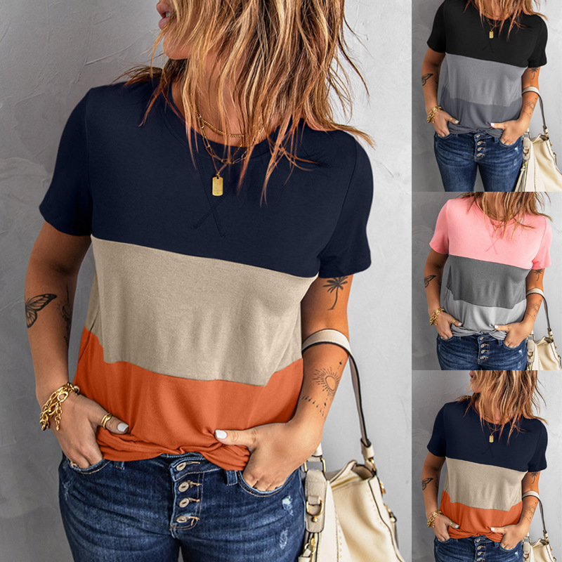 Women's Colorblock Short Sleeve T-Shirt Oversized Cotton Crew Neck