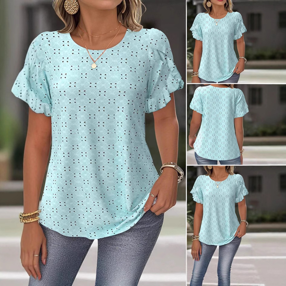 Women's Solid Color Lace Short Sleeve Hollow Out T-Shirt Casual Top