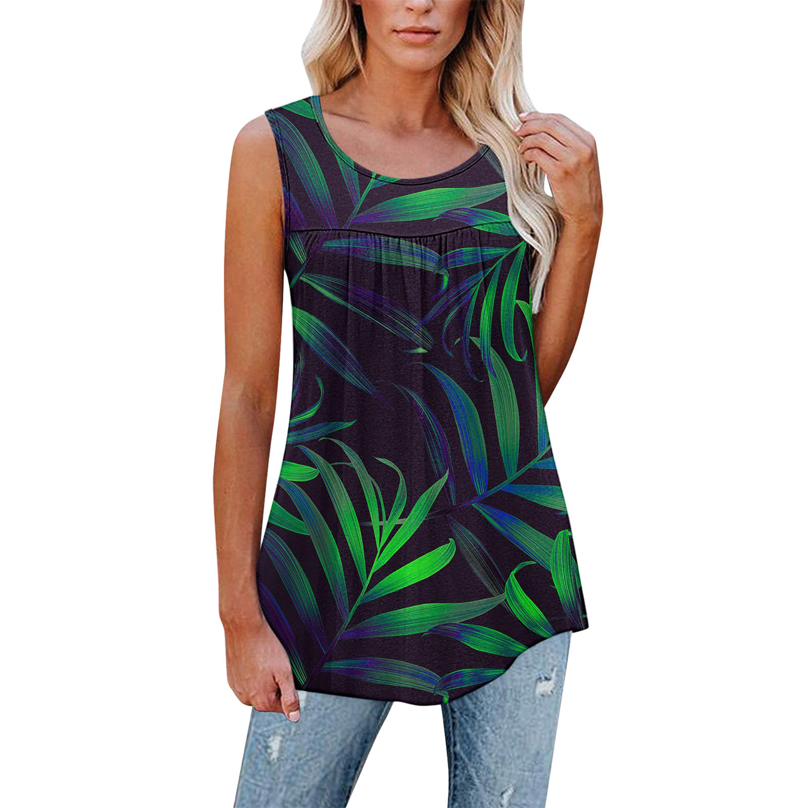 Floral Print Sleeveless Pleated Loose Fit Tank Top T-Shirt for Women