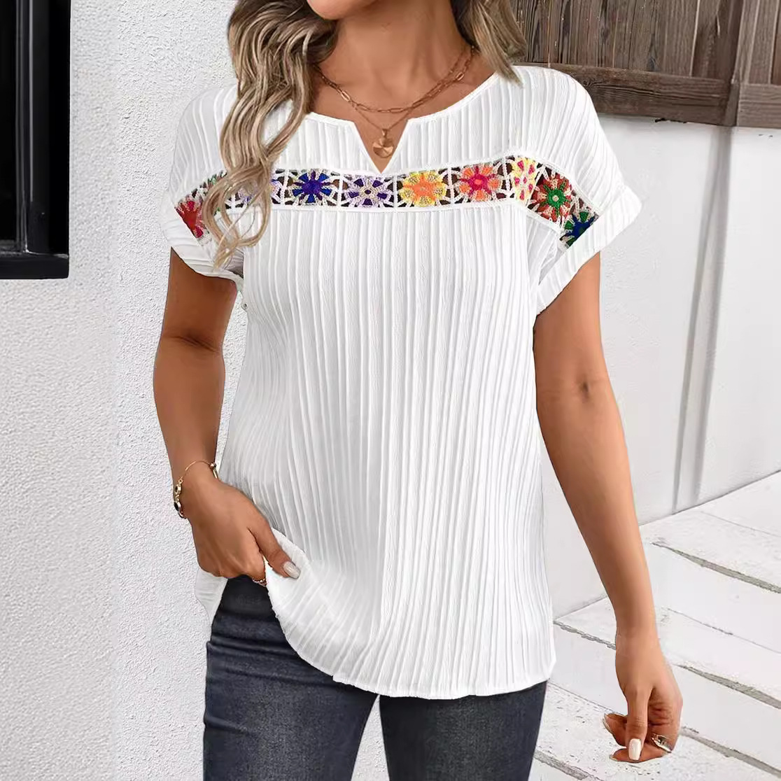 V-Neck Short Sleeve Floral Embroidered Panel Top