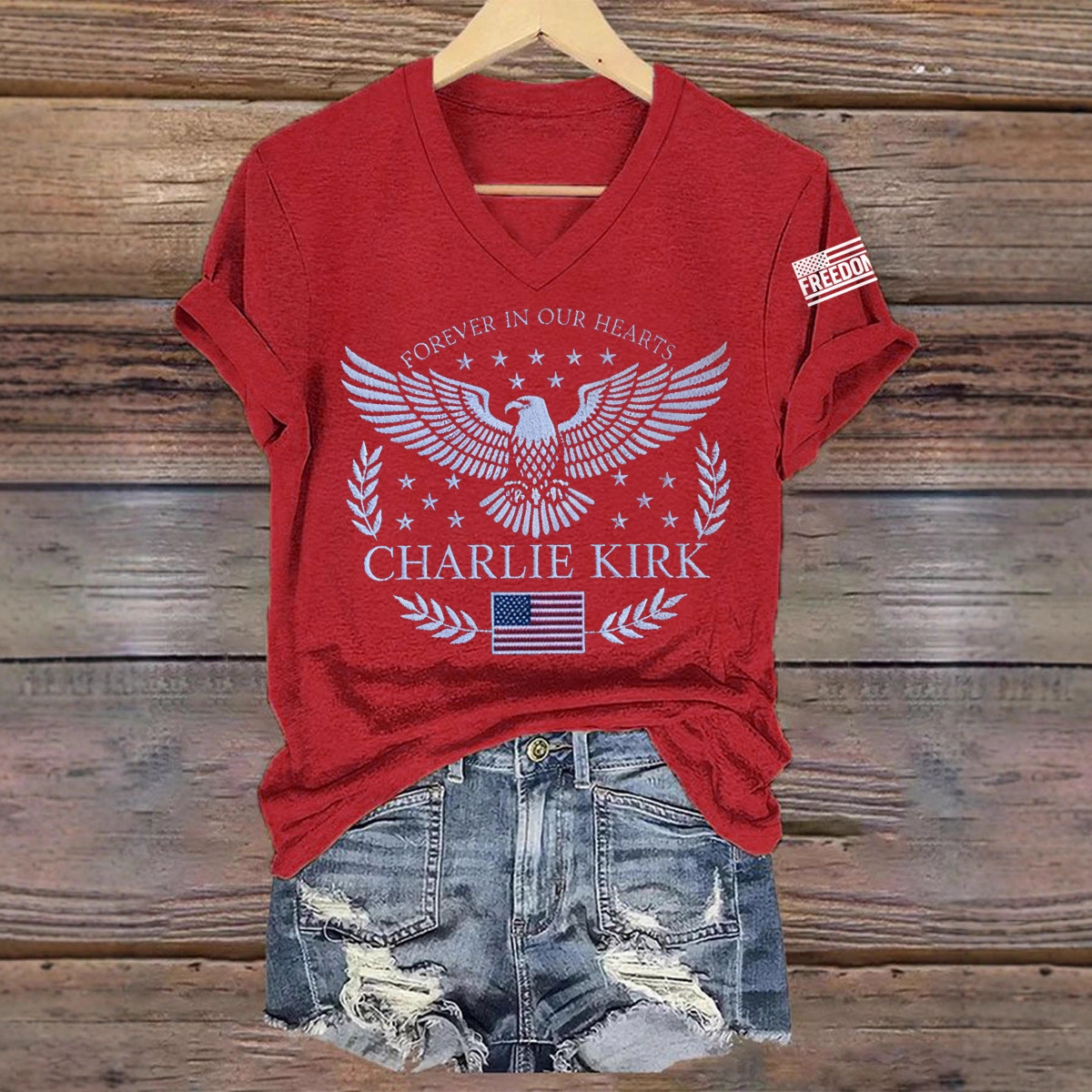 Eagle Peace Letter Print V-Neck Short Sleeve T-Shirt for Women