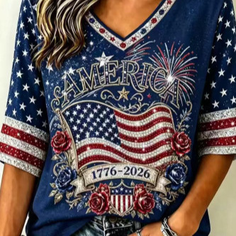 American Flag Fireworks Print V-Neck Short Sleeve T-Shirt for Women