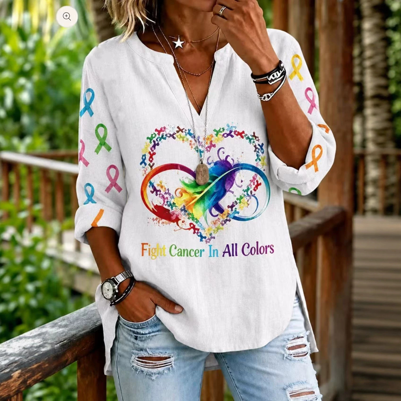 Heart Virus Hope Print V-Neck Half-Sleeve Women's T-Shirt