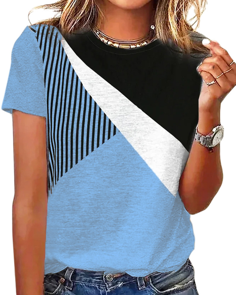 Women's Color-Block Striped Print Short-Sleeve Crewneck Casual T-Shirt