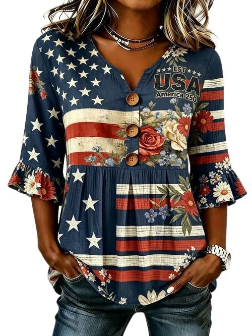 Women's American Floral Flag Print V-Neck Half-Sleeve T-Shirt