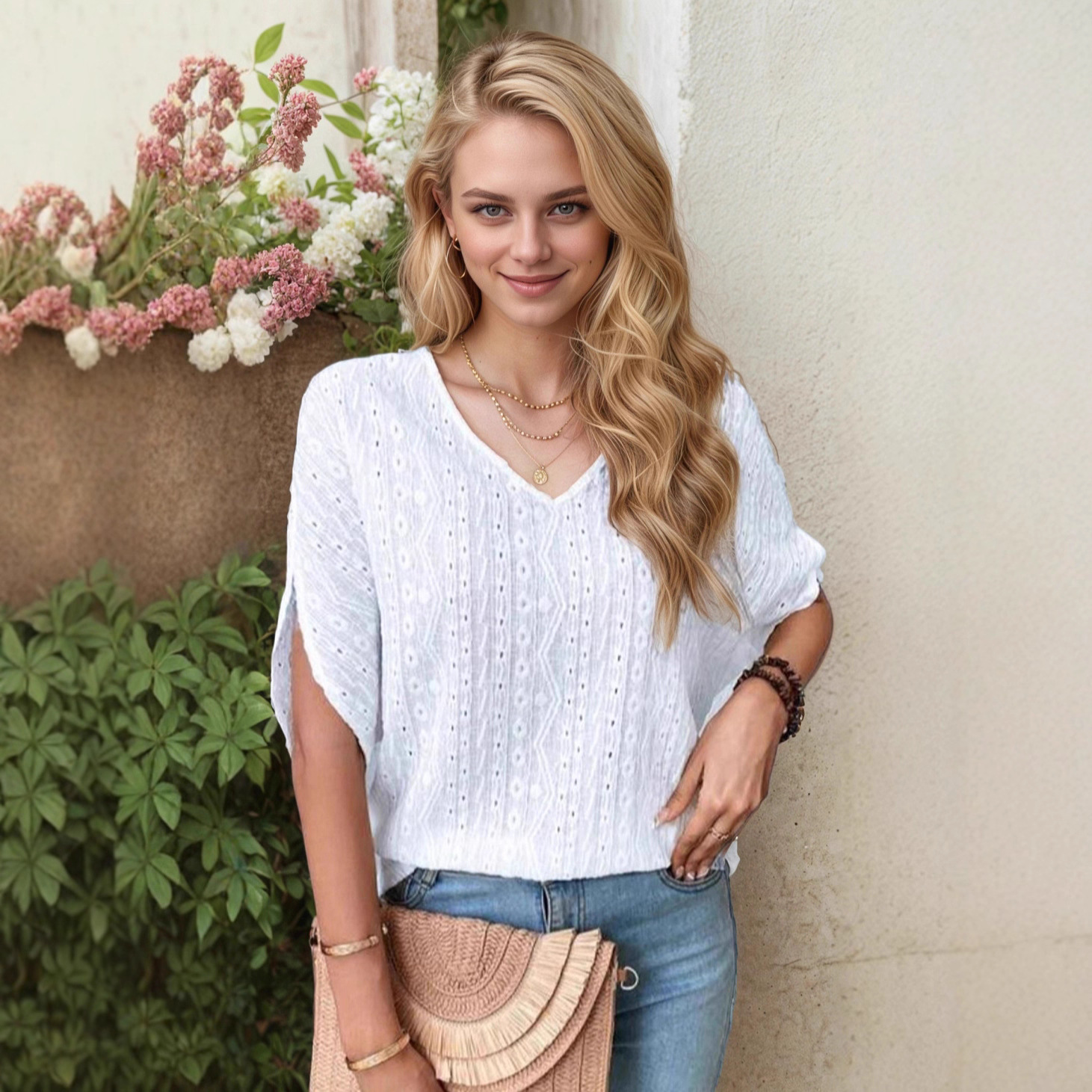 V-Neck White Short Sleeve T-Shirt