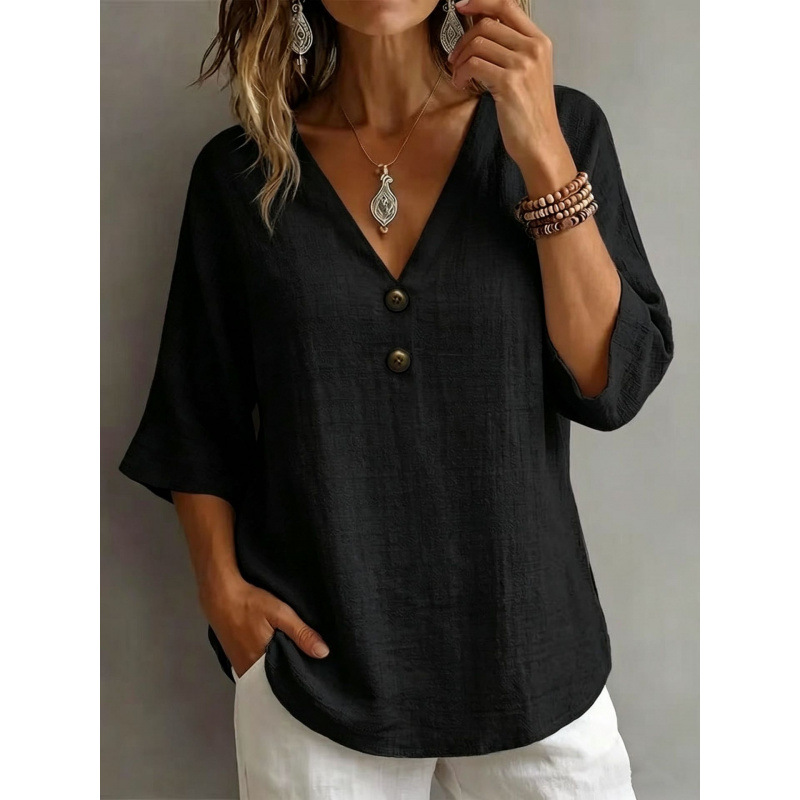 Women's Cotton-Blend French V-Neck Button-Trim 3/4-Sleeve Loose Top