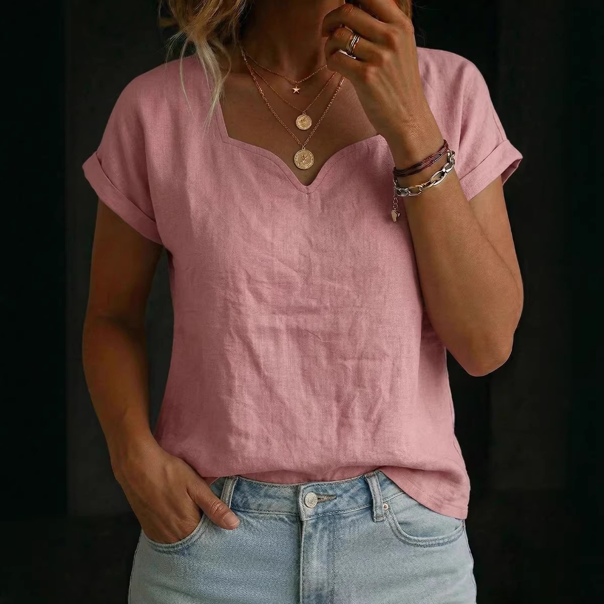Women's Solid Short-Sleeve Sweetheart Neck T-Shirt