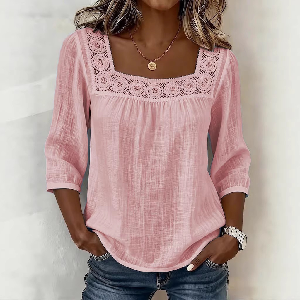 Women's Summer Square Neck Lace Trim 3/4 Sleeve Cotton Linen Top