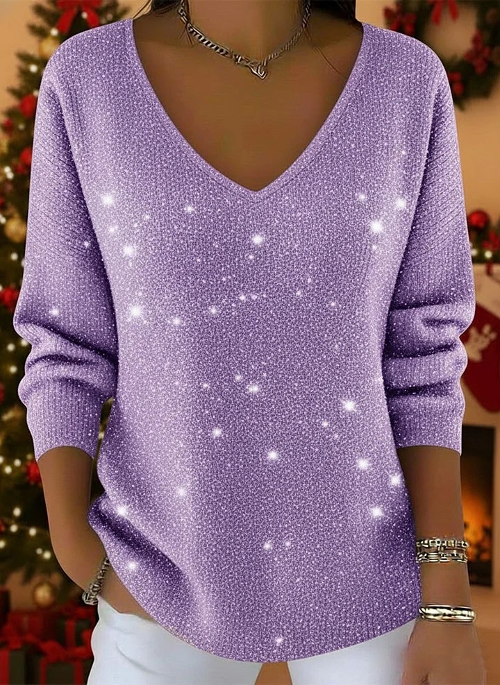 Women's Long Sleeve V-Neck Glitter T-Shirt Casual Versatile Top
