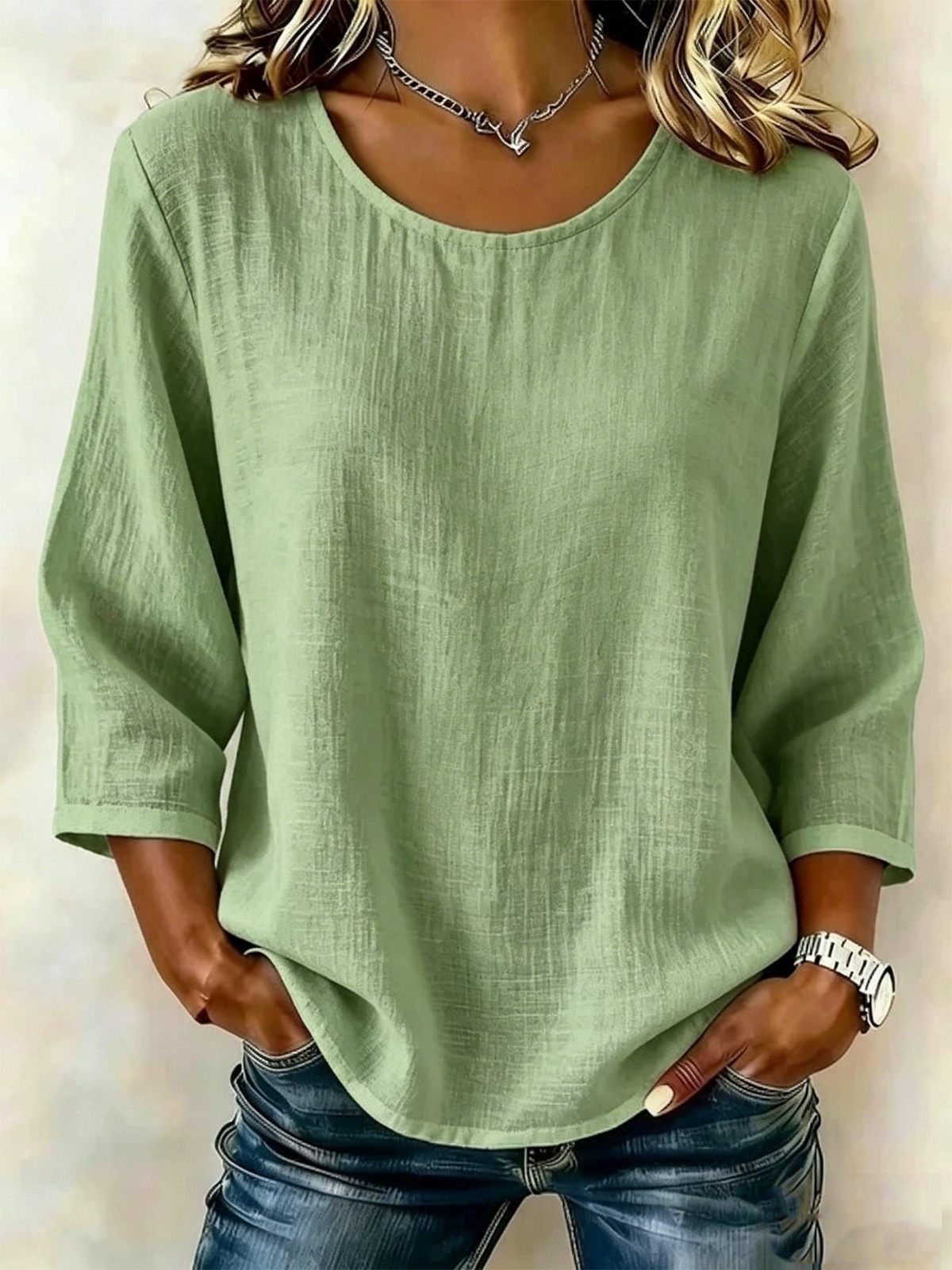 Women's Solid Crewneck Nine-Sleeve Loose Casual Top