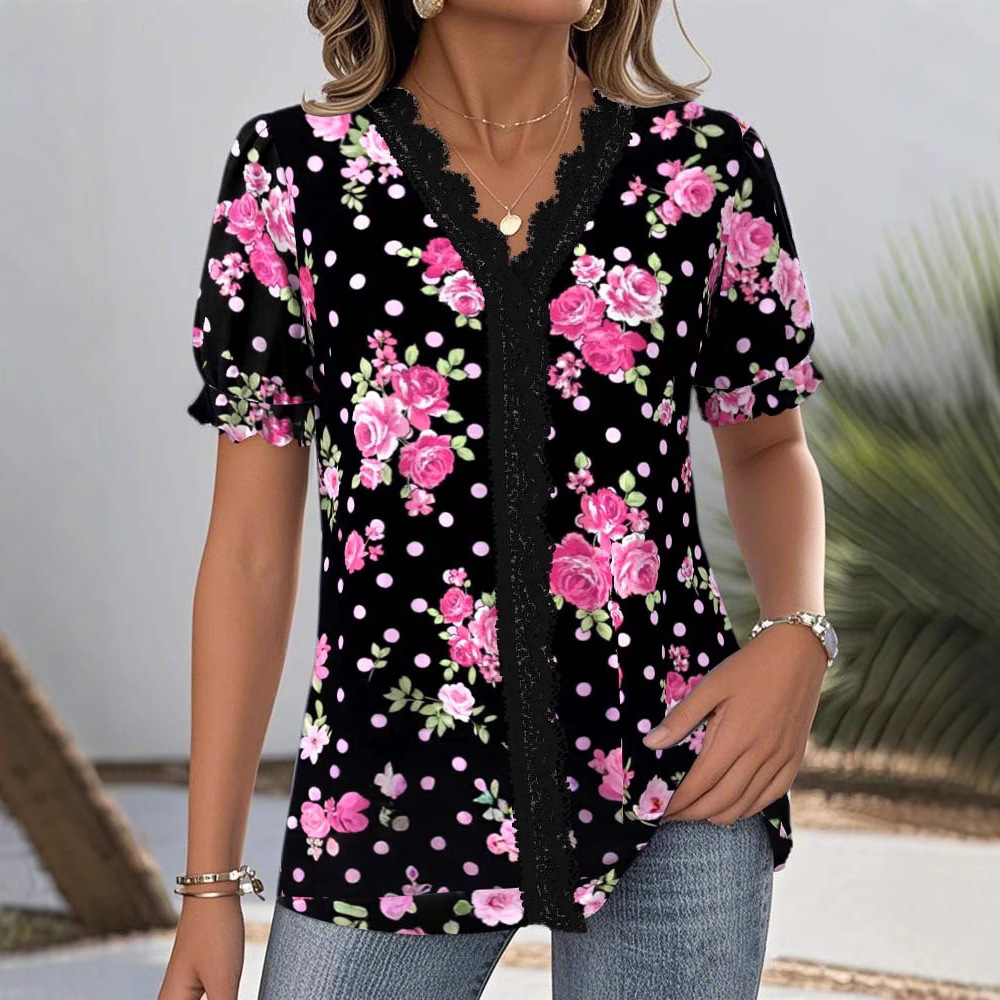 Women's Printed V-Neck Short Sleeve Top