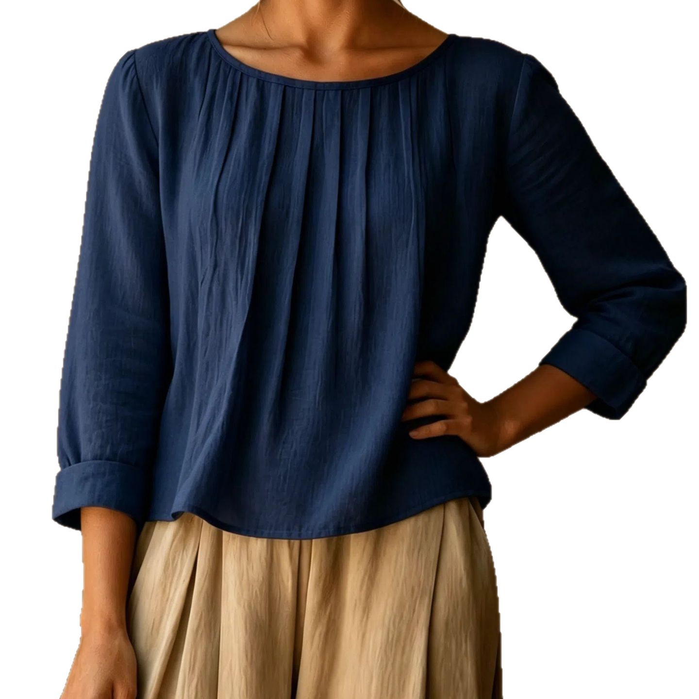 2026 New Cross-Border Summer Women's Cotton-Linen Top Loose Slimming Pleated Round Neck Eight-Sleeve Shirt Solid Color Casual