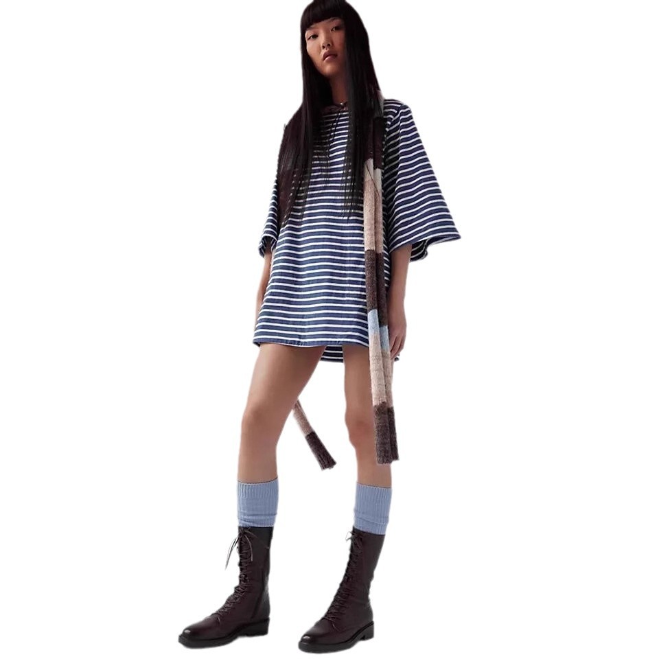 Colorblock Striped 3/4 Sleeve Round Neck Pullover Loose Long T-Shirt