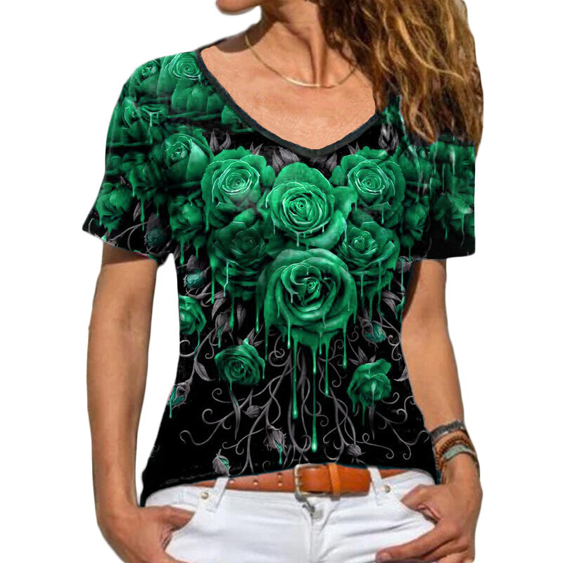 Women's Short Sleeve Rose Print T-Shirt Casual Round Neck Top