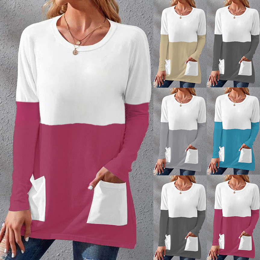 Women's Crewneck Long Sleeve Patchwork Pocket T-Shirt