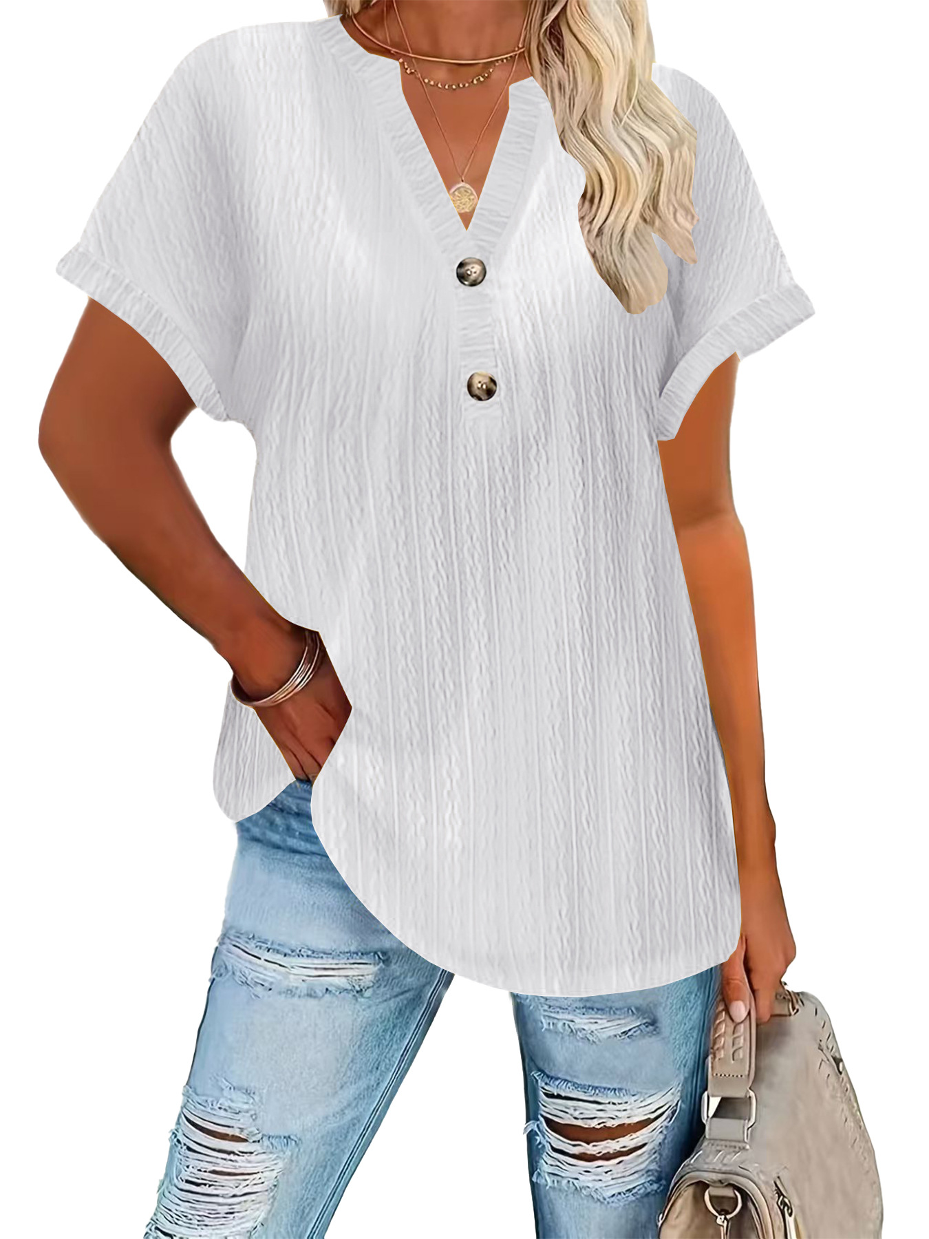 Women's Casual Solid Button V-Neck Short Sleeve T-Shirt
