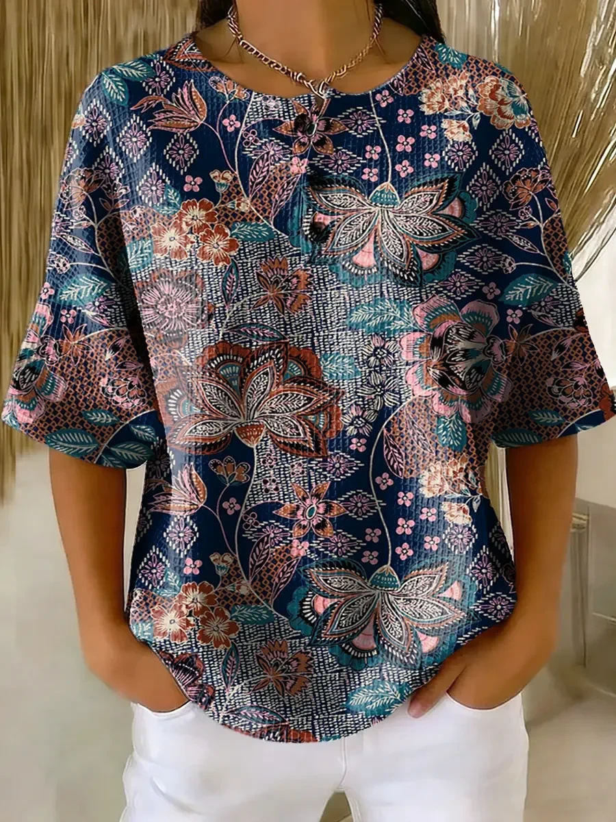 Floral Plaid Print Crewneck Short Sleeve Button Top