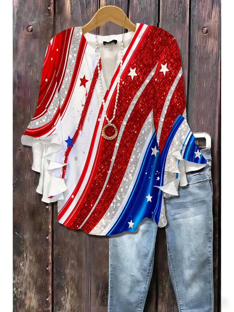American Flag Print Rolled Sleeve Button Women's Top
