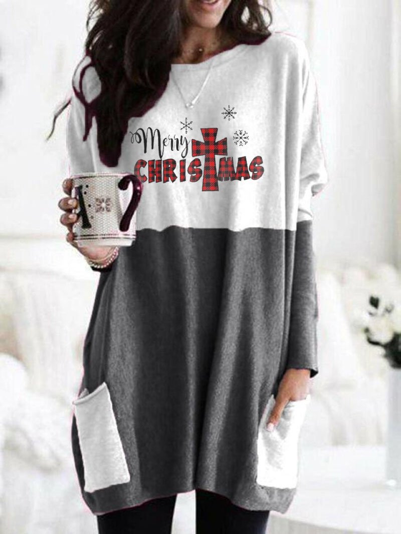 Women's Long Sleeve Color Block Pocket Loose Crewneck T-Shirt