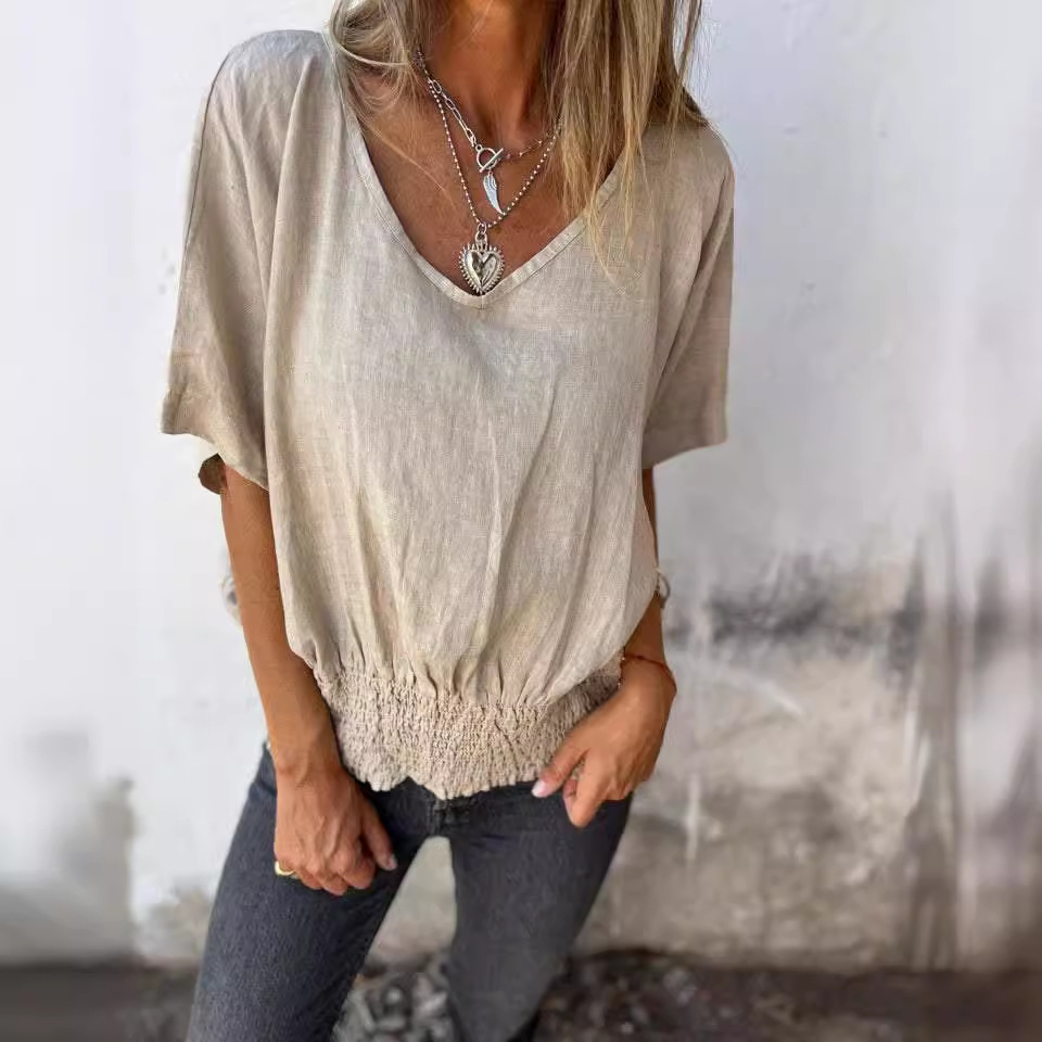 Women's V-Neck Loose Fit Cotton Linen Smocked Top Casual T-Shirt