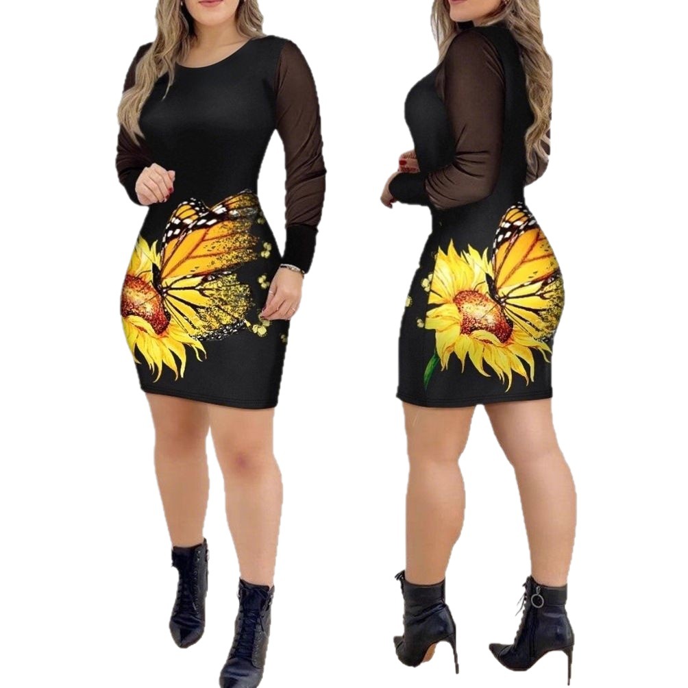 Women's Mesh Long Sleeve V-Neck Slim Fit Floral Print Dress