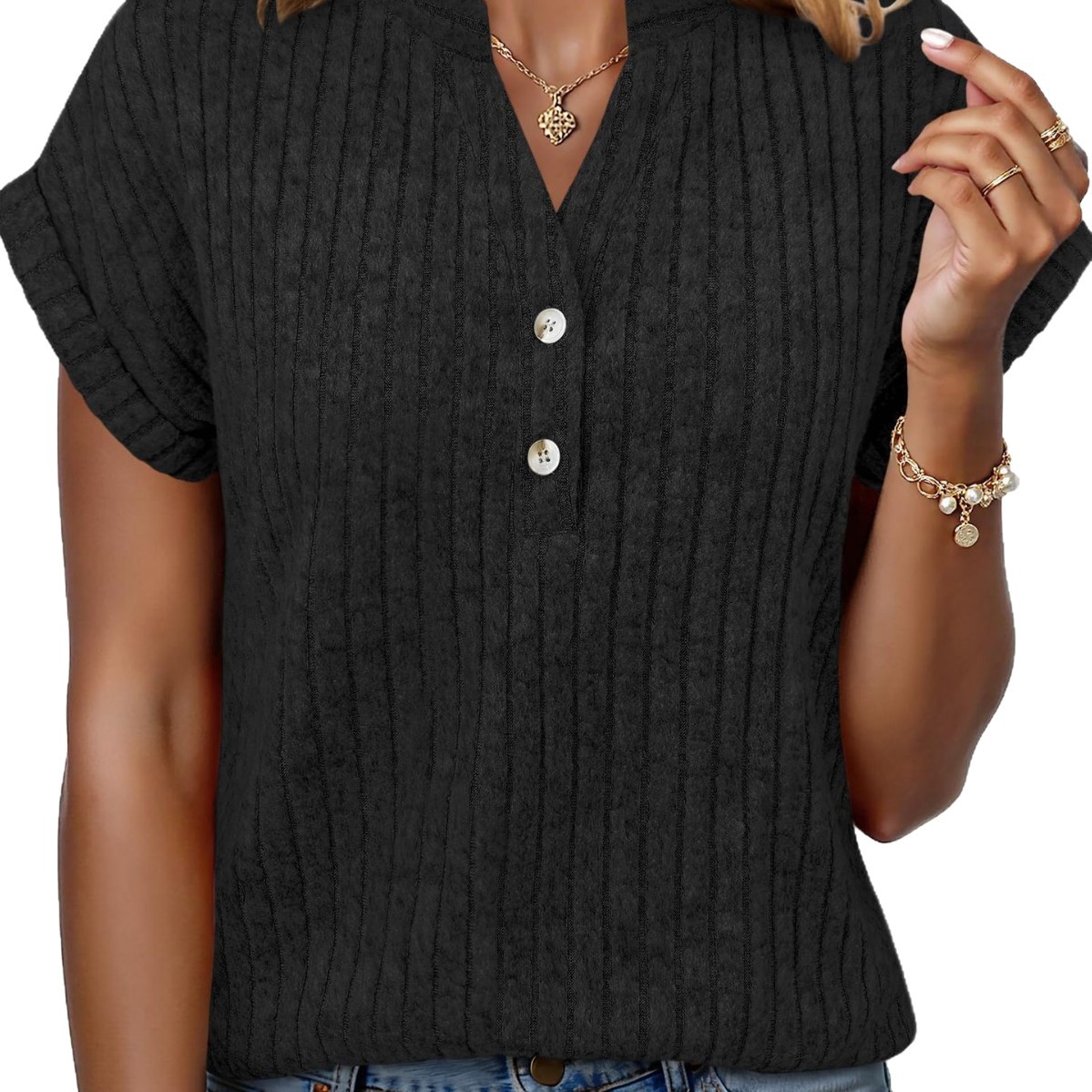 Brushed Ribbed V-Neck Batwing Short-Sleeve Top