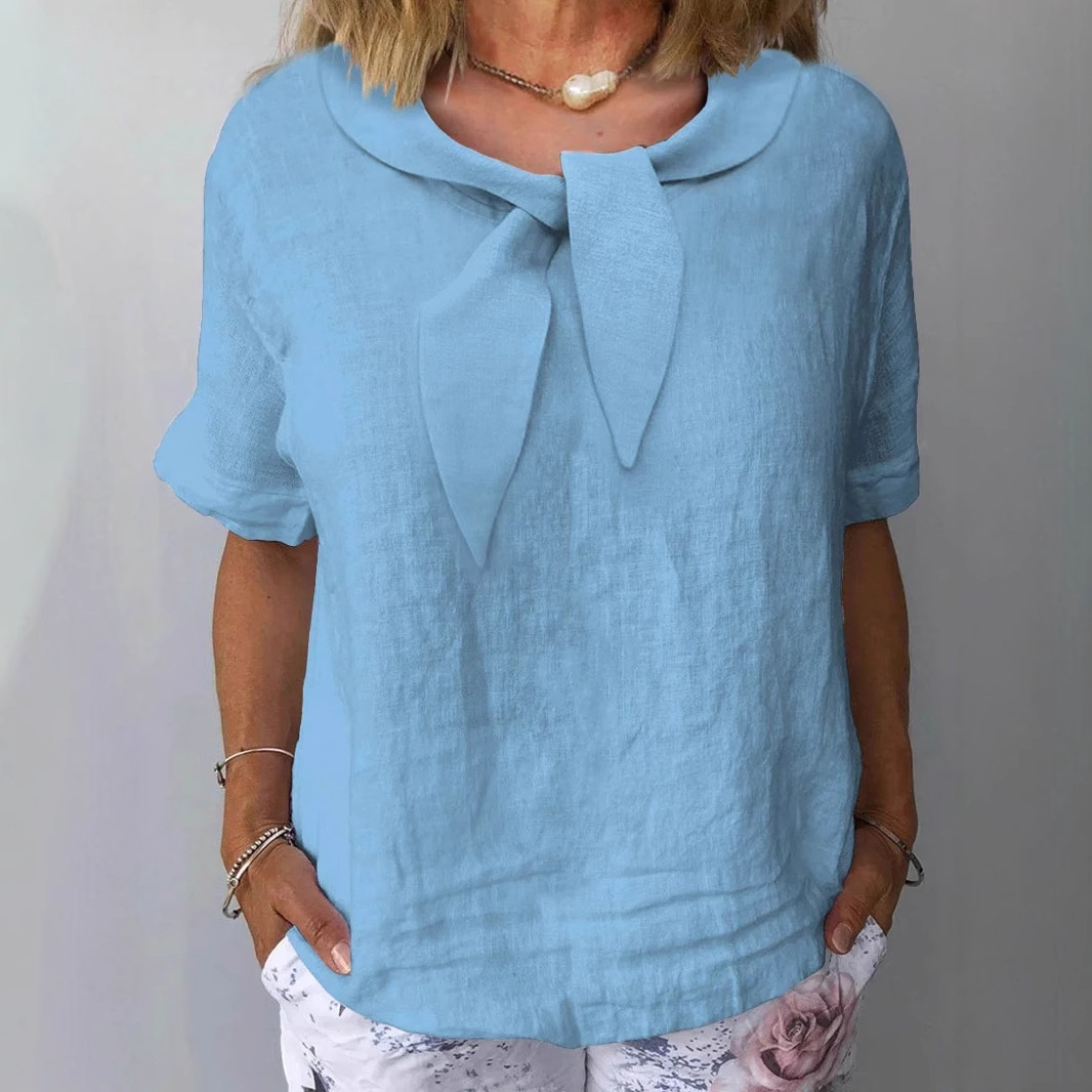 Women's Cotton-Linen Blend Short Sleeve V-Neck Solid Top