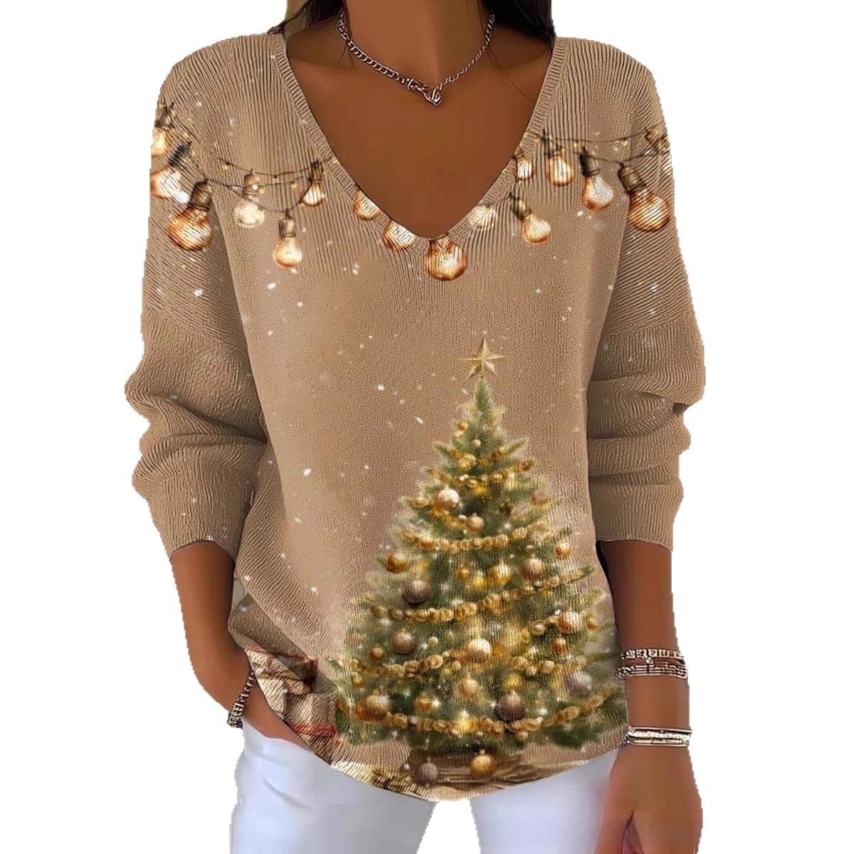 Halloween Plant & Tree Print V-Neck Long-Sleeve T-Shirt for Women