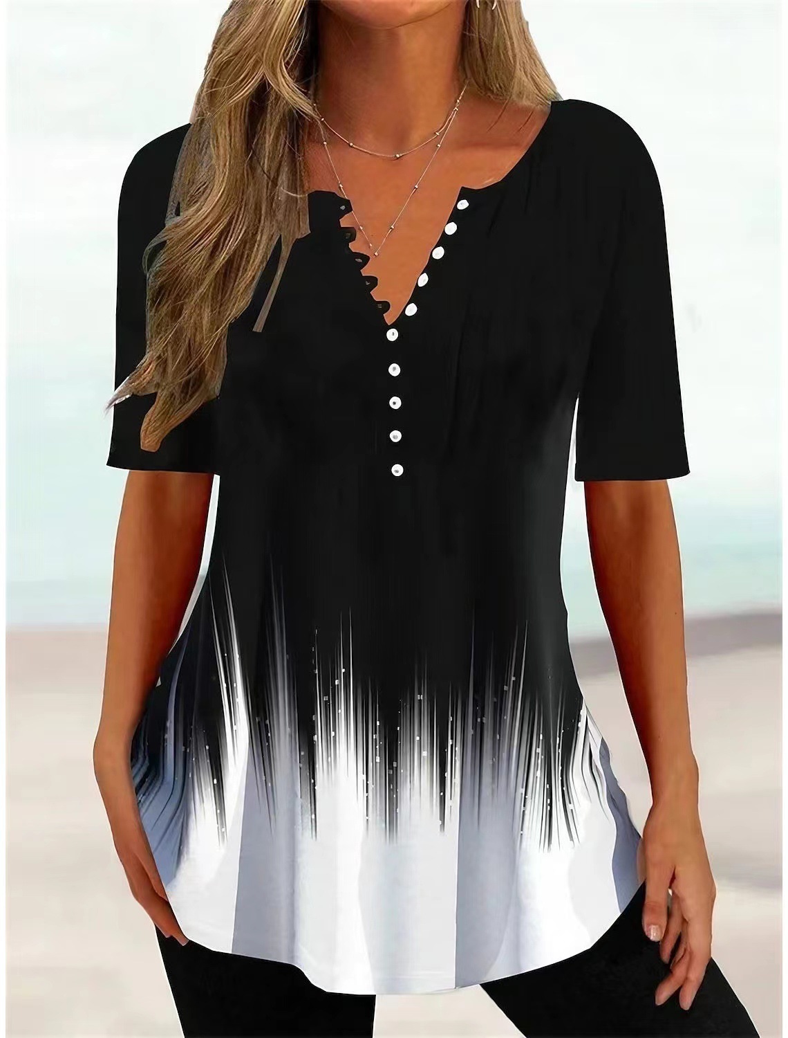 Women's Loose V-Neck Floral Print Pleated Button Short Sleeve Shirt