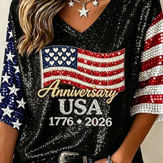American Flag Fireworks Print V-Neck Short Sleeve T-Shirt for Women