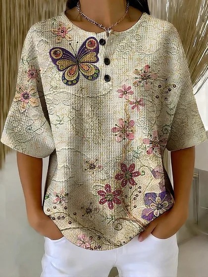 Summer Plaid Floral Print Short Sleeve Button-Up Top