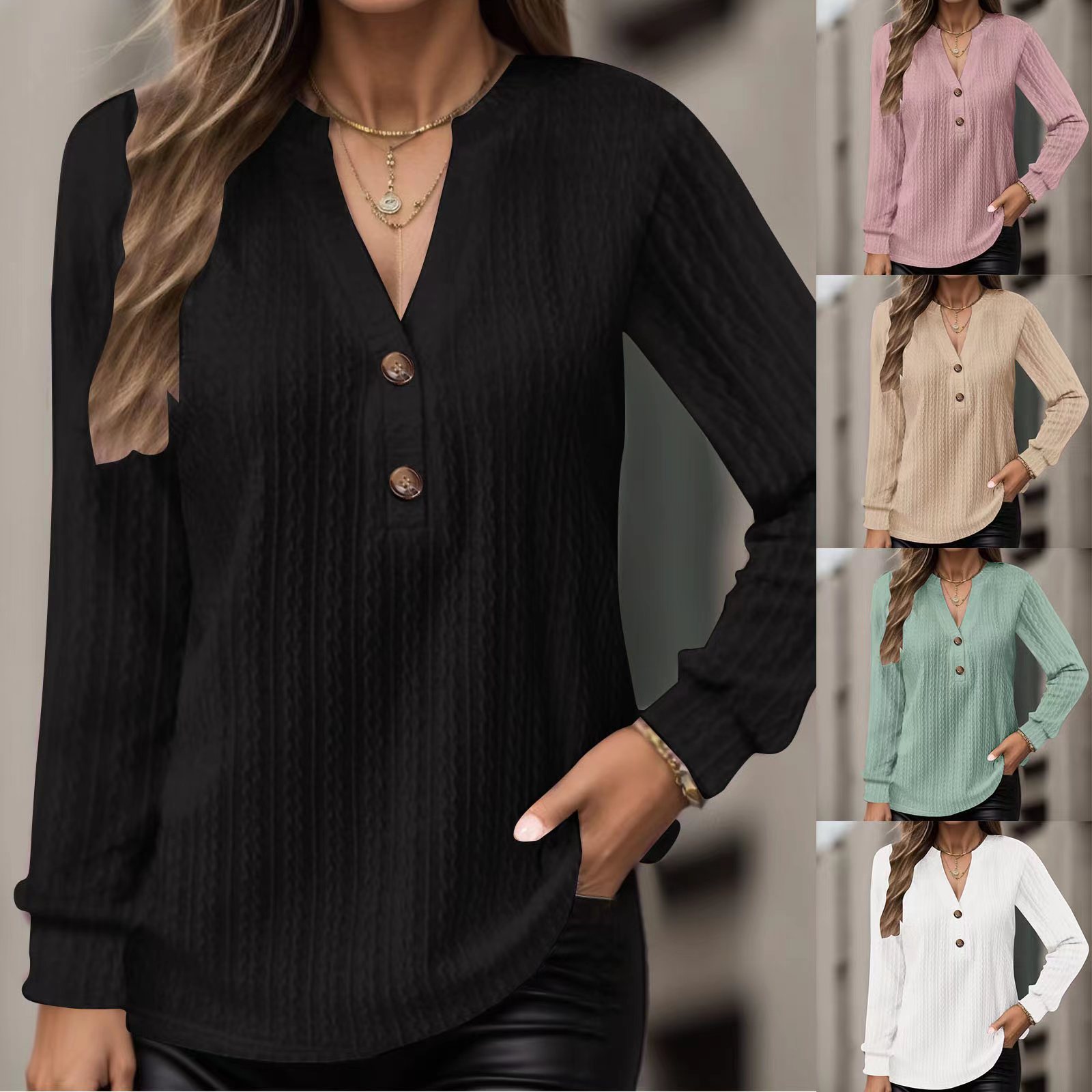 Women's Long Sleeve V-Neck Button T-Shirt Solid Color Top