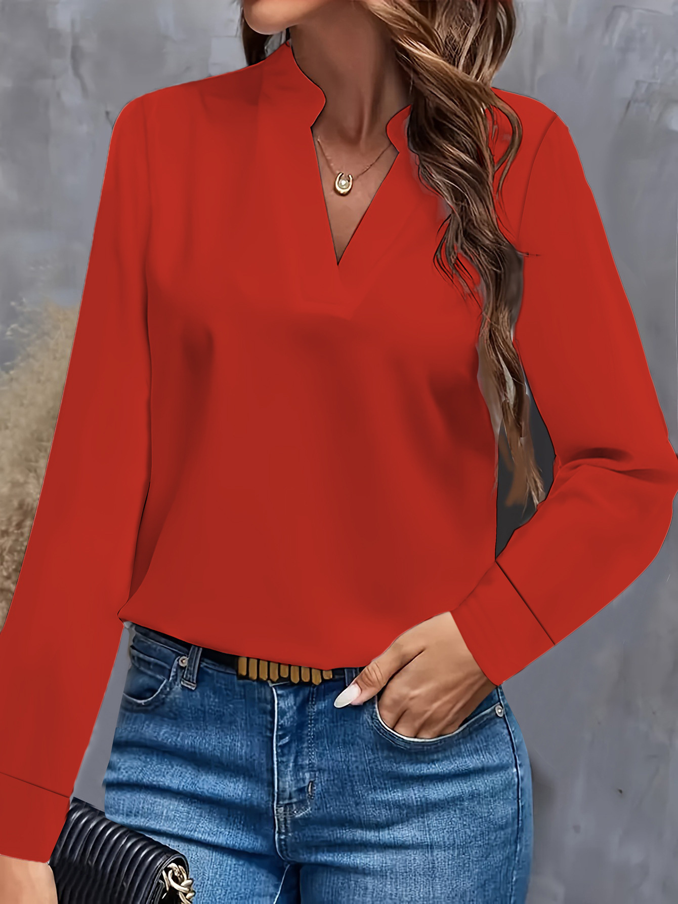 Women's Solid V-Neck Loose Casual Shirt Top