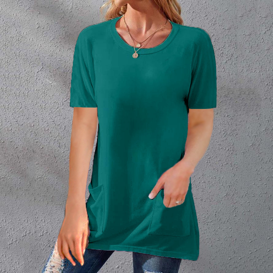 Women's Loose Fit Crewneck Short Sleeve Pocket Solid Midi T-Shirt