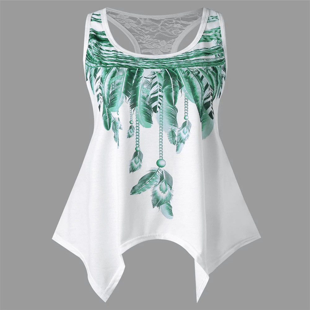Feather Print Lace Sleeveless Crew Neck T-Shirt