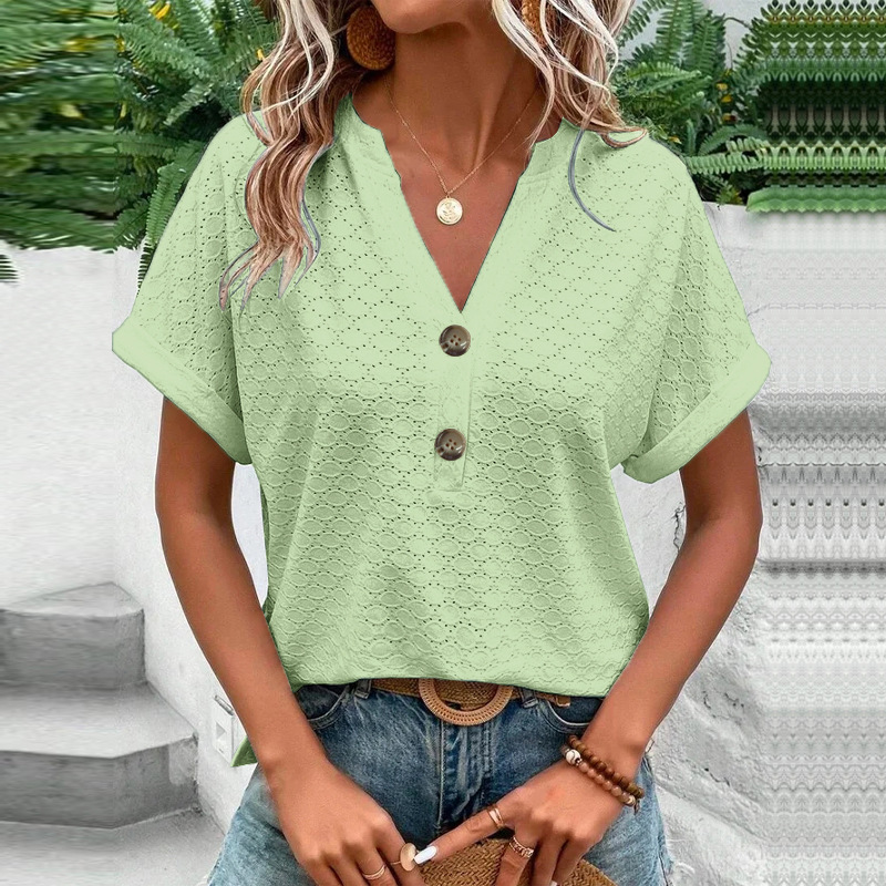 Women's Casual Solid Button V-Neck Short Sleeve T-Shirt