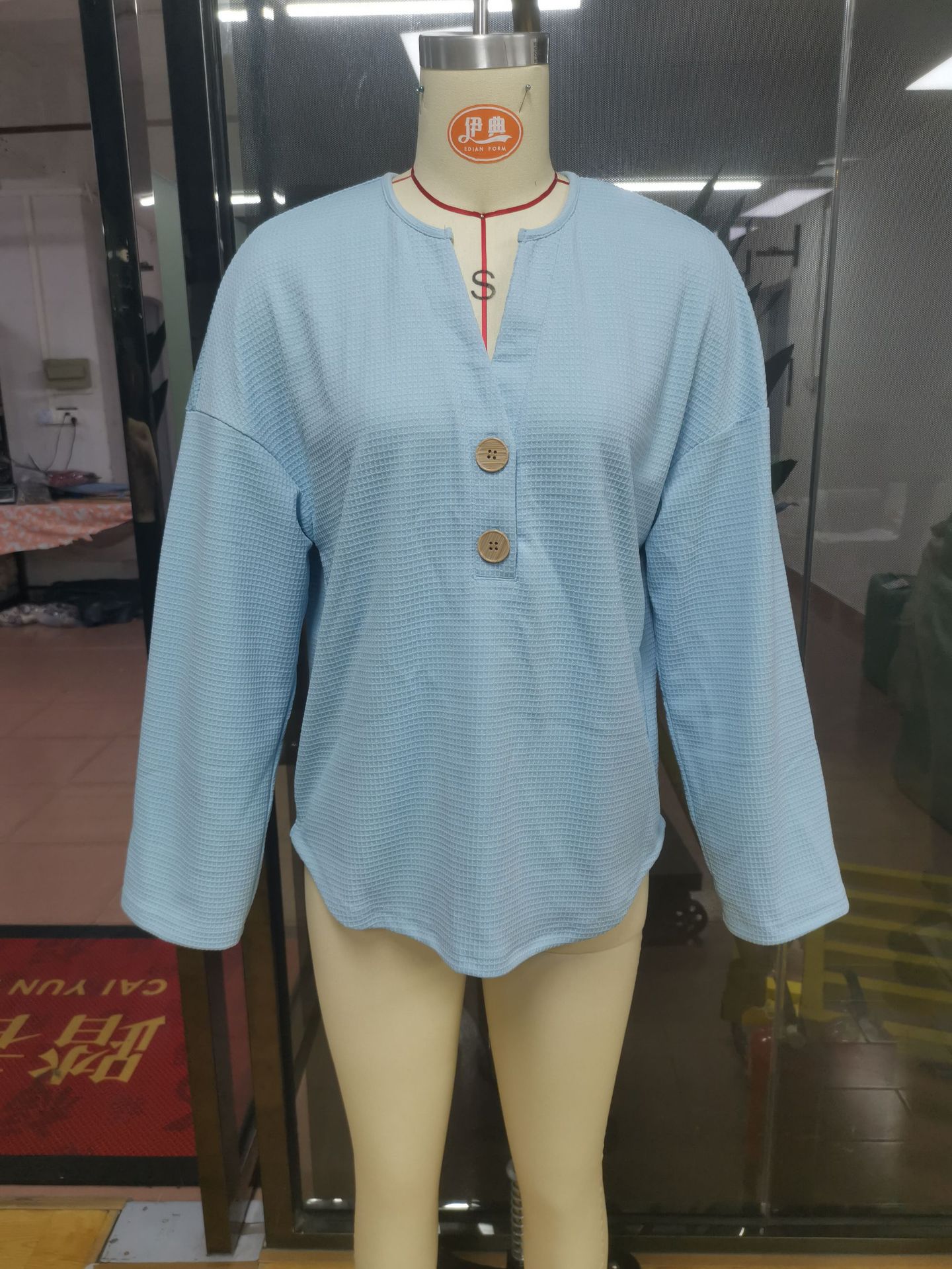 Women's V-Neck Waffle Knit Long Sleeve Pullover Sweater Solid Casual Top