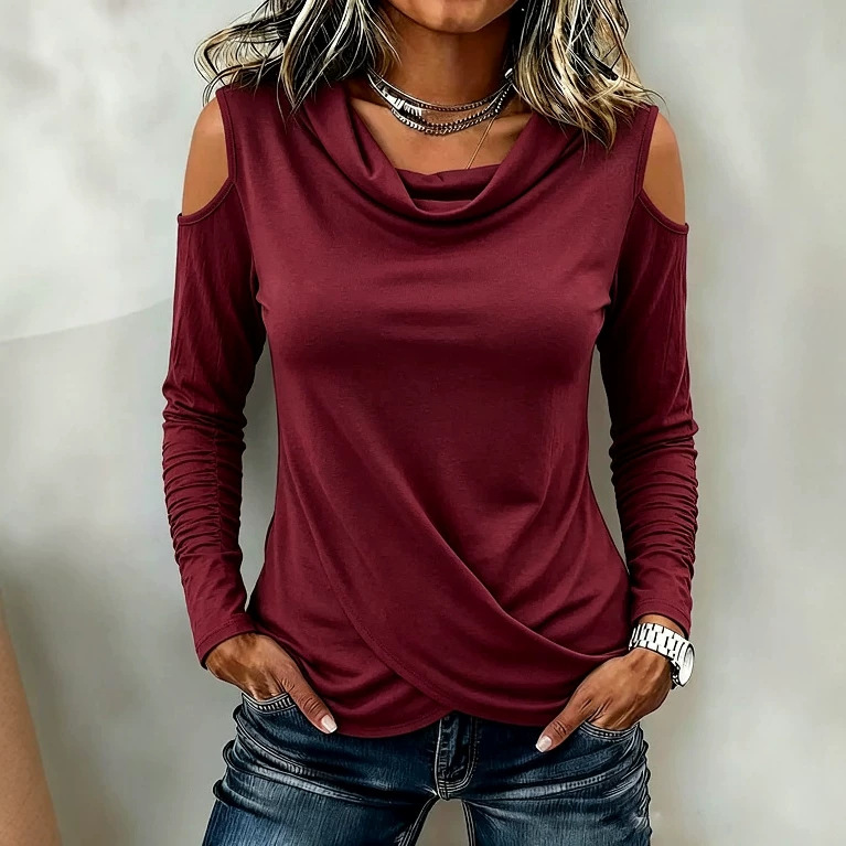 Women's Cowl Neck Cold Shoulder Long Sleeve Cross Hem Slim Fit Top