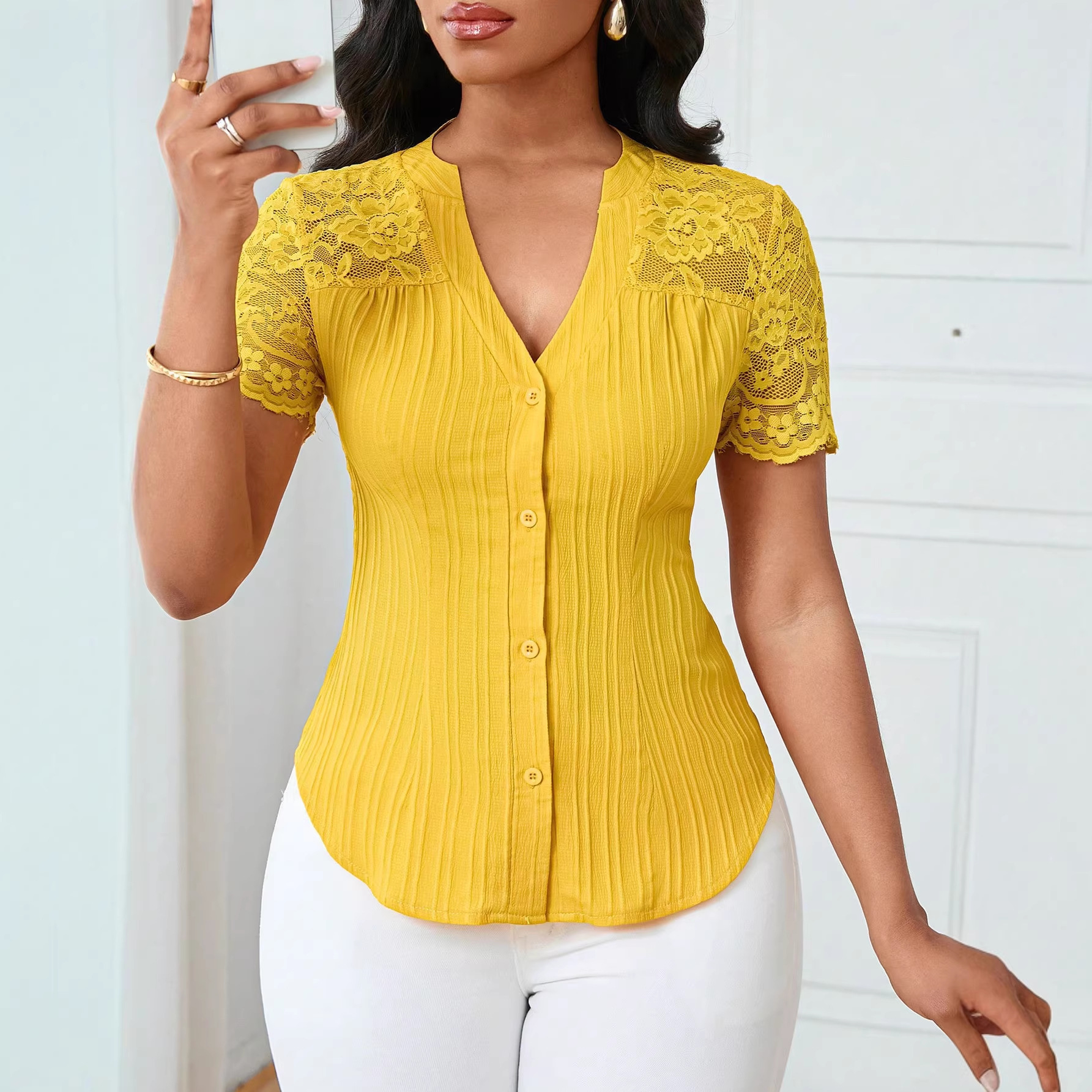 Women's Single-Breasted Embroidered Cutout Short-Sleeve Top