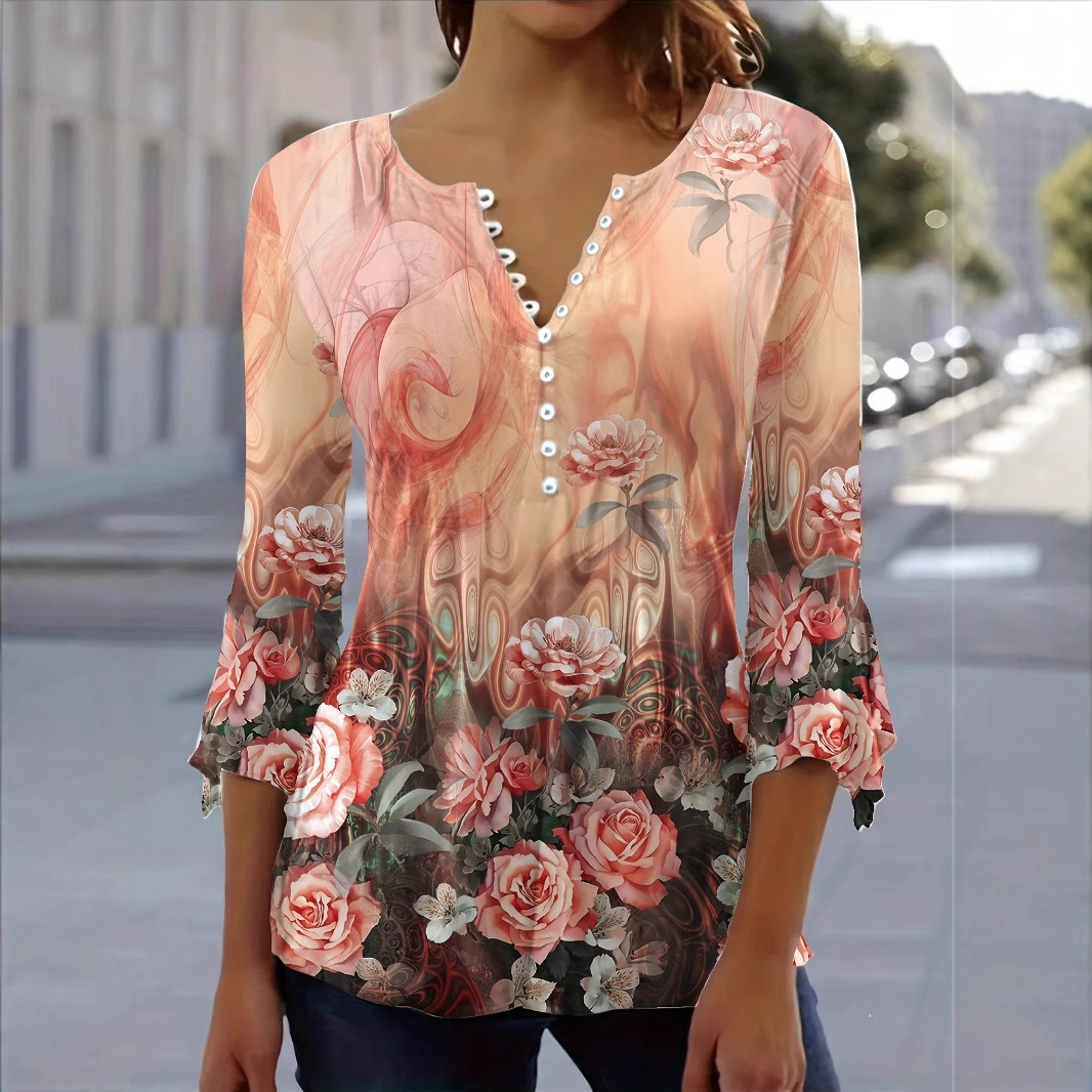Women's Floral Print Button Bell Sleeve Three-Quarter Sleeve T-Shirt Top